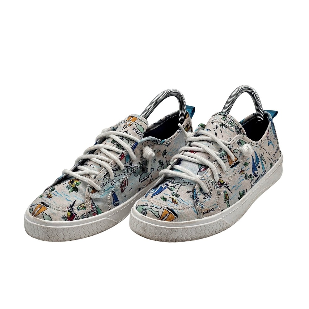 Sperry Shoes Womens Size 8.5 Caribbean Map Print Canvas Boat Nautical‎ STS86889